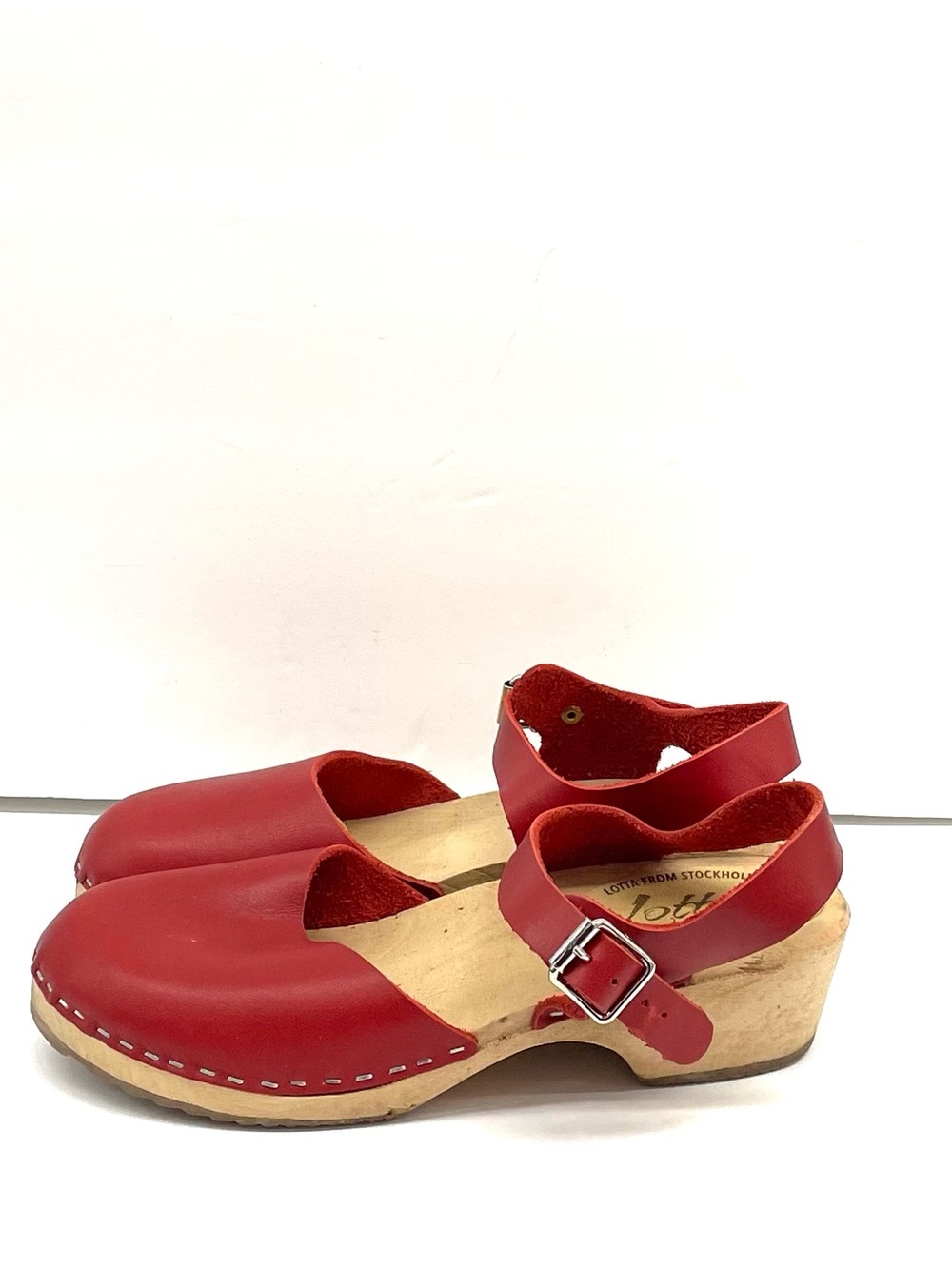 Lotta From Stockholm Red Leather Clog Sandals with Ankle Strap